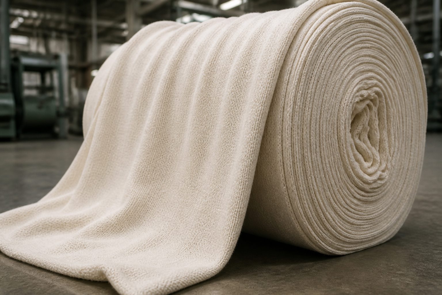 Rolo de malha em cru sobre o chão de uma fábrica. Imagem ilustrativa, não um produto catalogado da empresa.