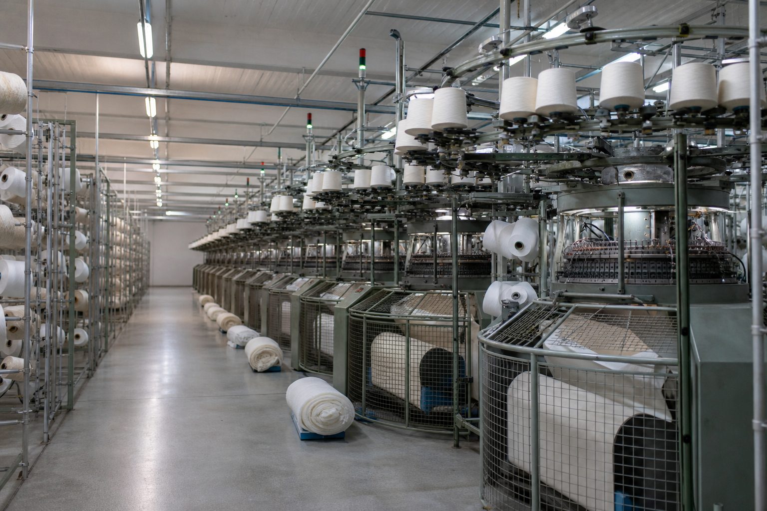 Fila de máquinas circulares de malha num pavilhão industrial. Imagem ilustrativa de produção têxtil, não as instalações da empresa.